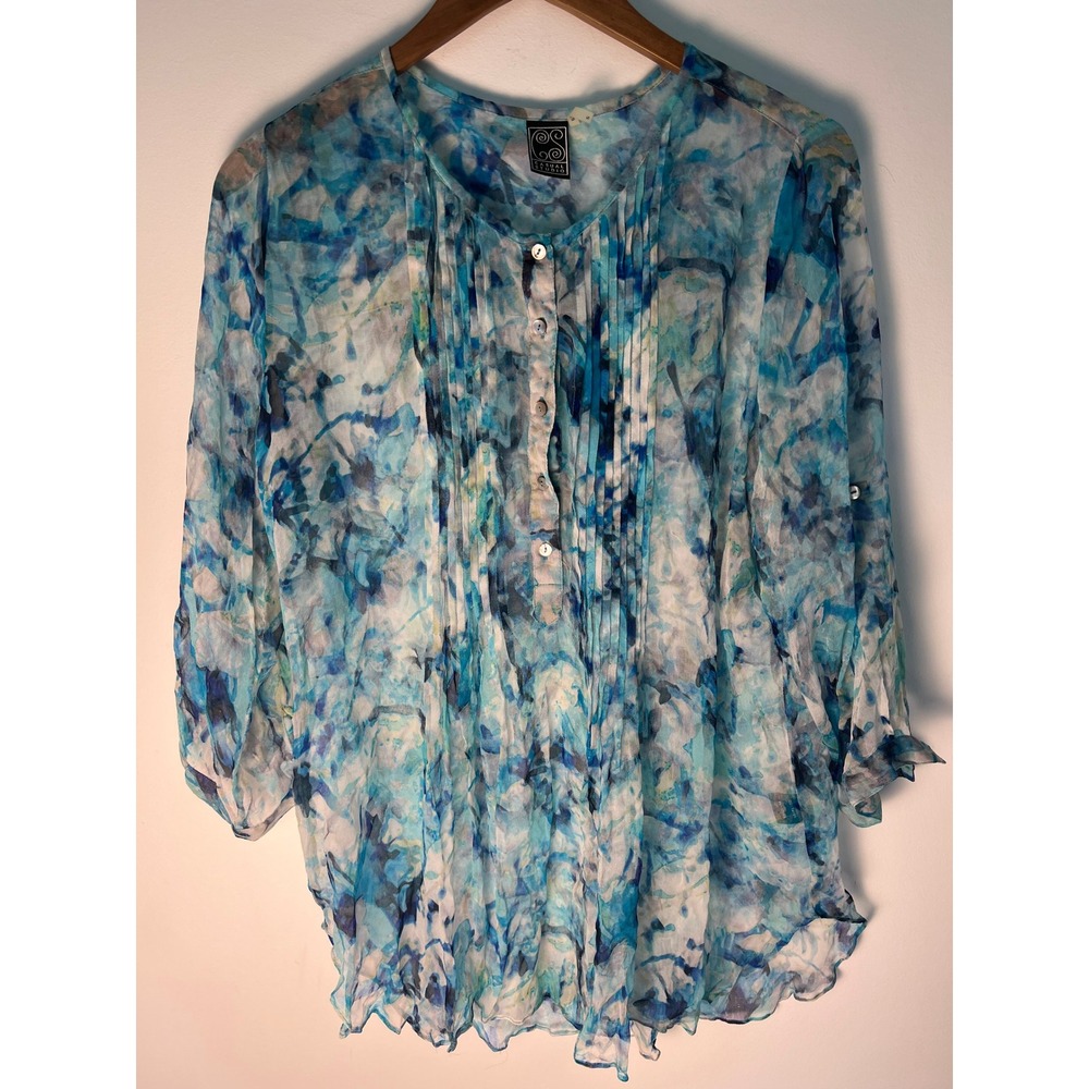 Casual Studio Blouse Wm S Blue Abstract Pintuck Roll Tab Rayon Top Boho Flowy